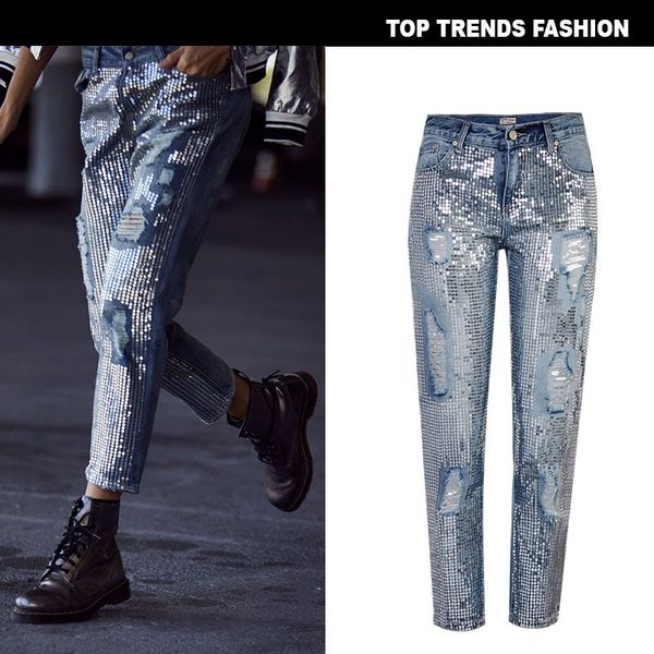 

women's vintage sequins mom boyfriend ripped for women ny jeans woman high wais denim loose large sizes female, Blue