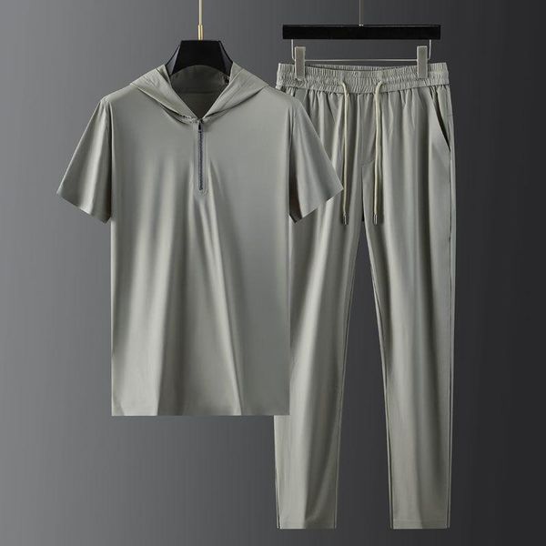 

men's tracksuits tracksuit men gym smooth hooded summer cool ultra thin quick drying elastic ice sports suit fashion casual two piece s, Gray