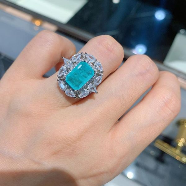 

cluster rings knriquen 100% 925 sterling silver paraiba tourmaline gemstone wedding engagement diamonds ring gift fine jewelry for women, Golden;silver