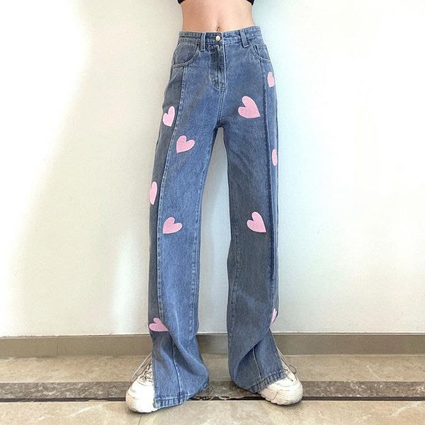 

women's jeans s straight leg trendy heart print high waist split hem loose denim pants, Blue