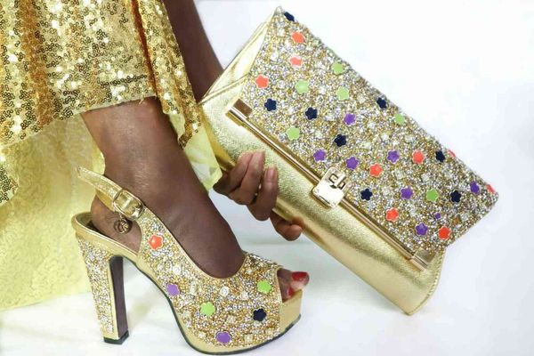 

gold color peep toes high heels with clutch bag for party, Black