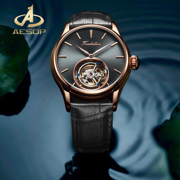 

wristwatches aesop 100%real tourbillon men's mechanical watches waterproof watch brand sapphire glass luxury business men, Slivery;brown
