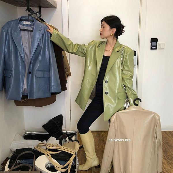 

women's leather & faux 2021 solid color pu leatherjacket blazer mujer vintage single button coat casual office work suit jacket, Black