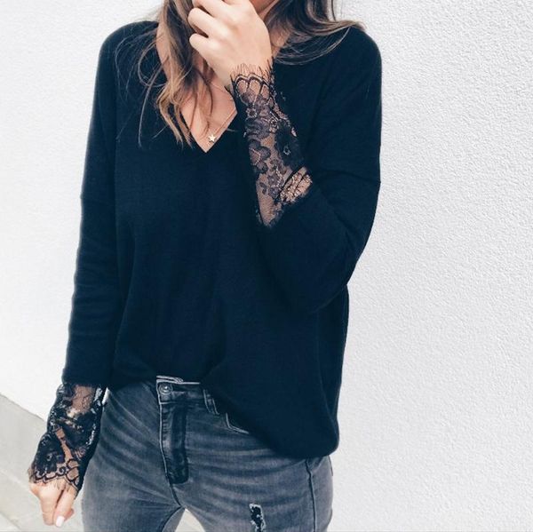 

women's sweaters lace sleeves knitted v neck ladies plus size long sleeve baggy sweater jumper, White;black