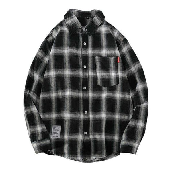 

men long sleeve block plaid shirt spring fashion casual slim harajuku striped front pocket classic vintage clothes 210721, White;black