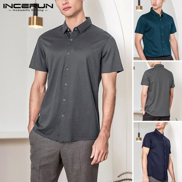 

men's casual shirts incerun men dress shirt brand solid color lapel short sleeve fashion mens social business camisa s-5xl, White;black