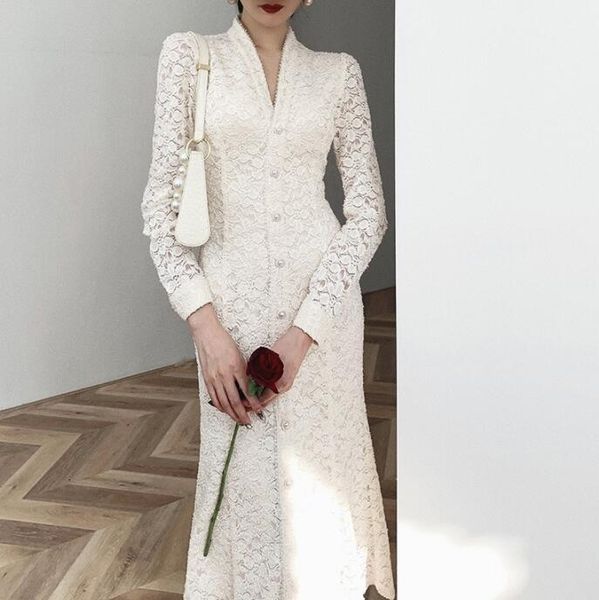 

casual dresses women single breasted party clud high waist lace elegant v neck midi ft918, Black;gray