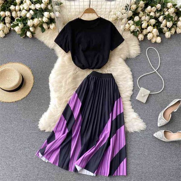 

summer all-match two piece set women short sleeve tshirt + elastic pleated long skirt sets fashion vintage 2 suits 210514, White