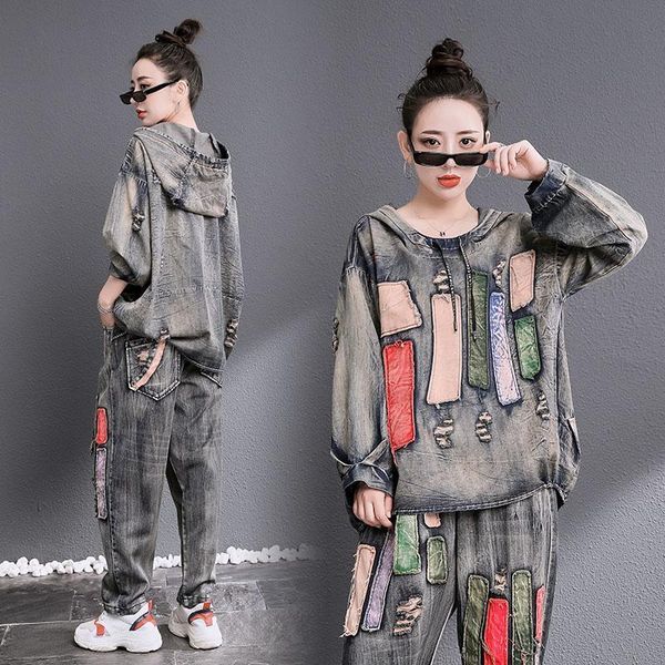 

women's two piece pants two-piece denim long-sleeve suit women streetwear 2021 spring autumn stitching loose hooded jeans casual clothi, White