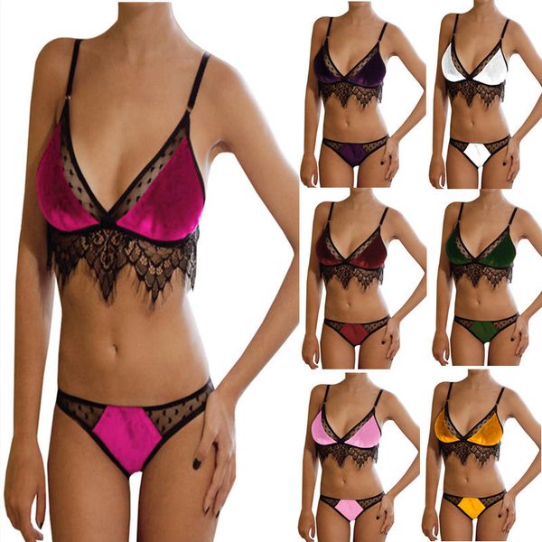 

underwear lace stitching velvet 3-point deep v suit 1358, Black;white