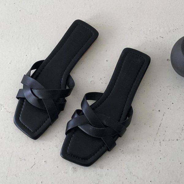 

slippers 2021 summer holiday woman women open toe square shoes ladies low flat beach female slide rome sandal shoe, Black