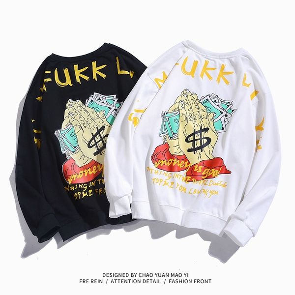 

guochao men's hip hop round neck long sleeve sweater, Black