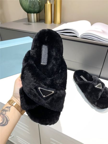 

designer luxury sandals ladies black shearling slides with iconic triangle logo sandals with box