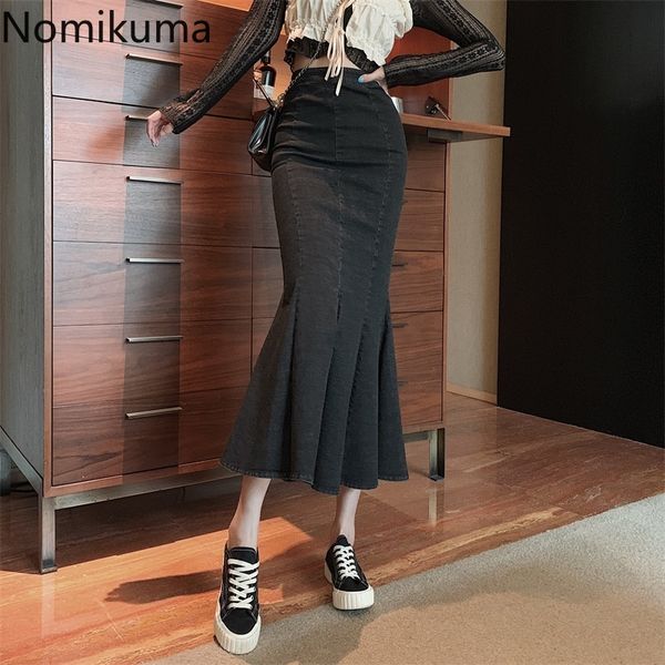 

nomikuma autumn winter high wiast slim mermaid skirts new one-step split ruffle women skirt fashion mujer faldas 6c994 210427, Black