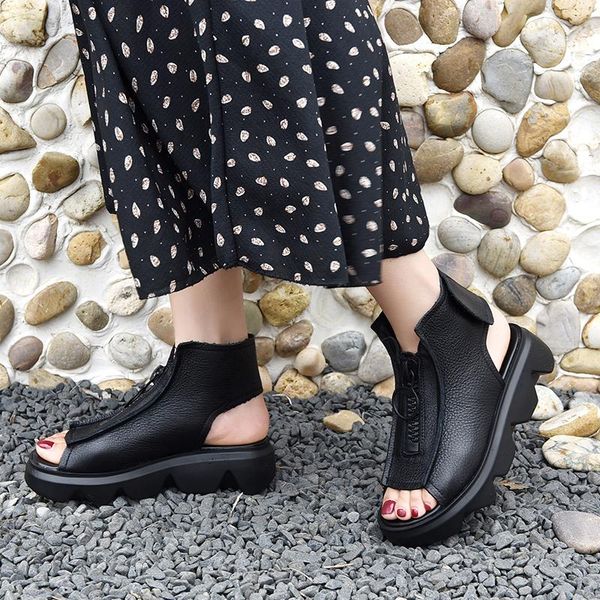 

women summer fashion wedge zipper peep toe sandals woman platform casual shoes drop soft leather outdoor, Black