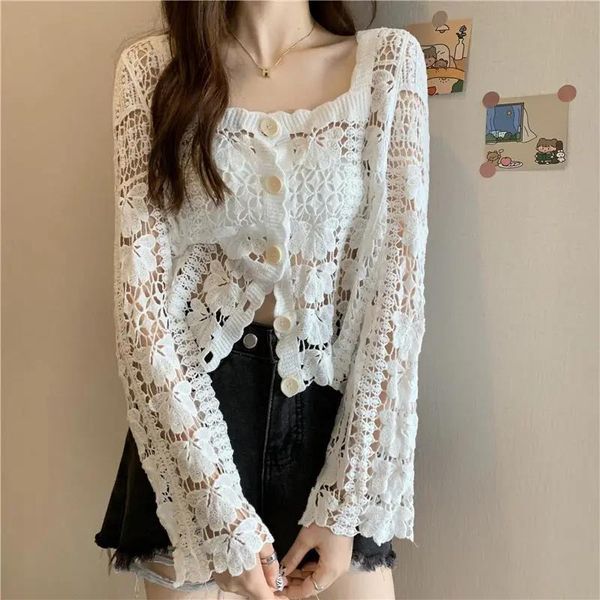 

women's blouses & shirts hollow out autumn 2021 french minority design blouse long sleeve short button lace cardigan, White