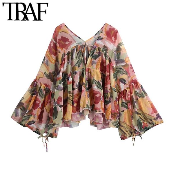 

women fashion semi-sheer graffiti print loose chiffon blouses vintage v neck flare sleeve female shirts blusas chic 210507, White