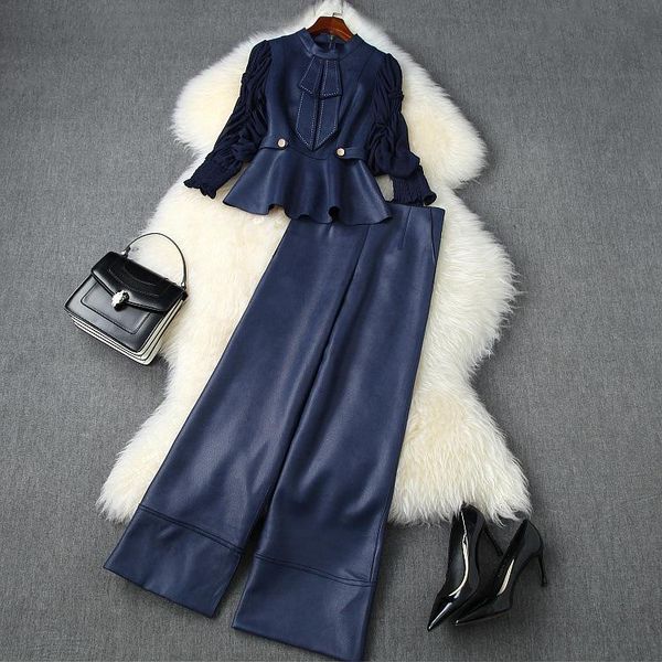 

women's tracksuits european and american clothing 2021 autumn style bow shirt seven-point sleeves baggy wide-leg pants fashion suits, Gray