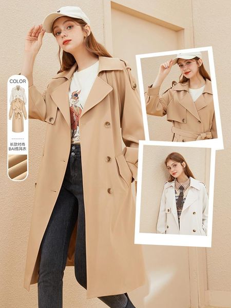 

women's trench coats windbreaker coat spring and autumn khaki medium long over knee kbne2021 fashion top, Tan;black
