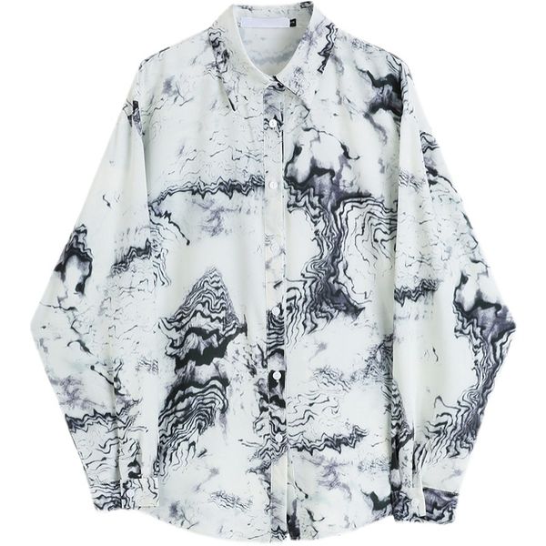 

summer korean chic fashion casual ink printing plus size single-breasted long-sleeved shirt blouse women 16w1064 210510, White