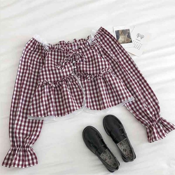 

women's spring and autumn blouses korean lace edge square neck long sleeve blouse retro plaid femle short ll523 210506, White