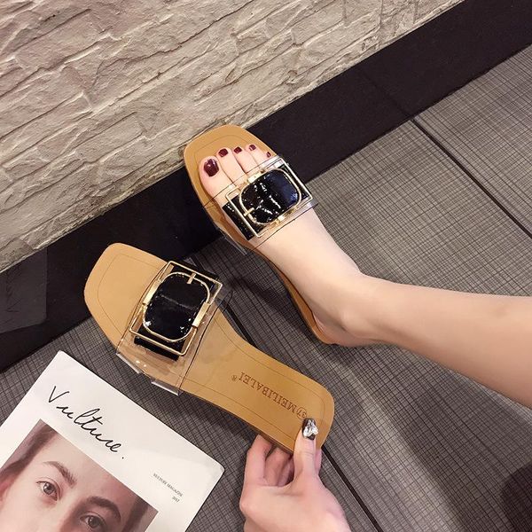 

slippers metal decoration square toe fashion beach flat slides women outside solid sweet buckle summer ladies shoes pu shallow, Black