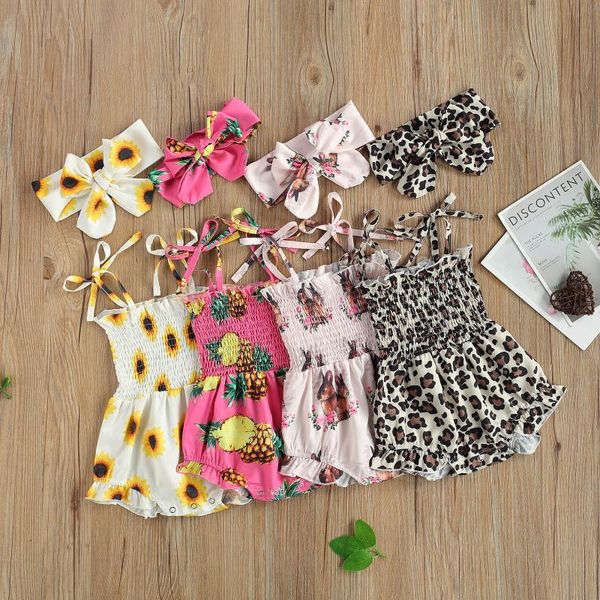 

rompers 1 set baby girl lace-up suspender romper fresh printing pleated ruffles jumpsuits with headband 0-24m toddlers' summer one-piec, Blue