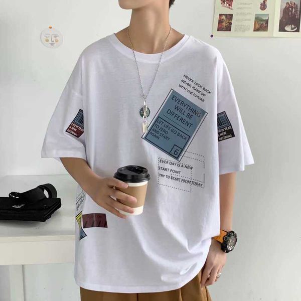 

t summer men's short sleeve t-shirt fashion brand casual handsome loose versatile half, White;black