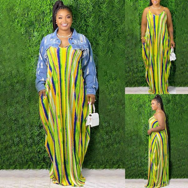 

summer fashion striped printed womens dresses v neck sling casual plus size daily, Black;gray