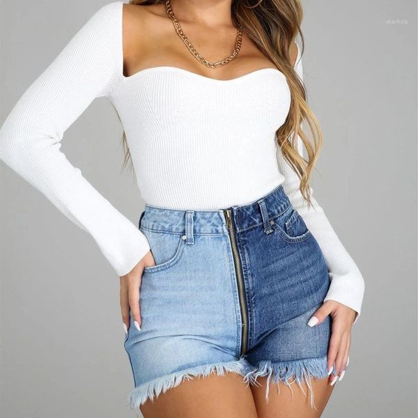 

women's shorts women bicolor denim slim ripped burr patchwork jeans femme high waist skinny tassel vintage y2k short trousers, White;black