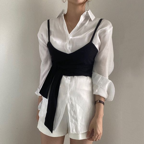 

women's knits & tees button women's white fashion retro shirt loose and suspender two piece casual short sleeve shirt with tricolo