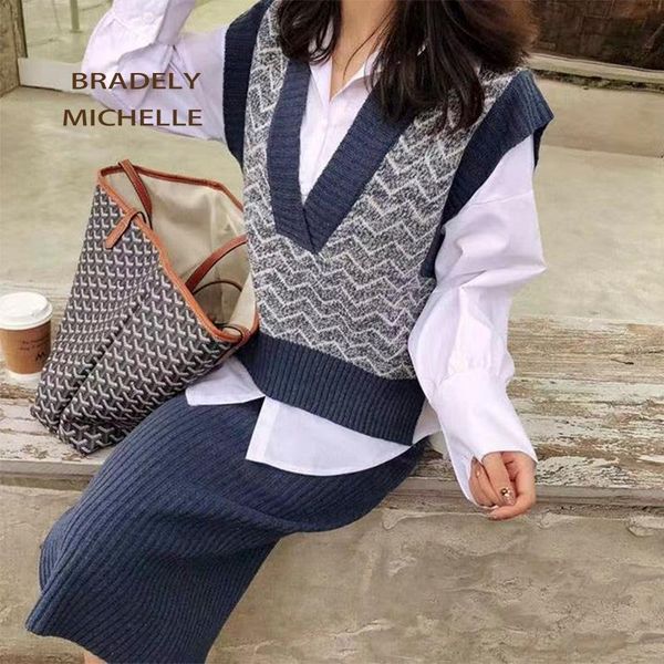 

women's two piece pants ensemble femme 2 pieces pantalon 2021 set women outfits fashion knitted v-neck sleeveless mid pencil skirt, White