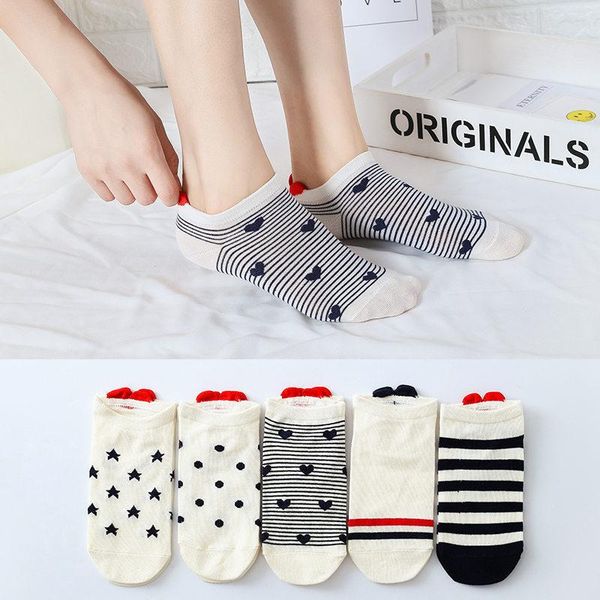 

socks & hosiery 5 pairs of colors female boat short tube love cartoon invisible cotton breathable sweat-absorbent non-slip campus style, Black;white