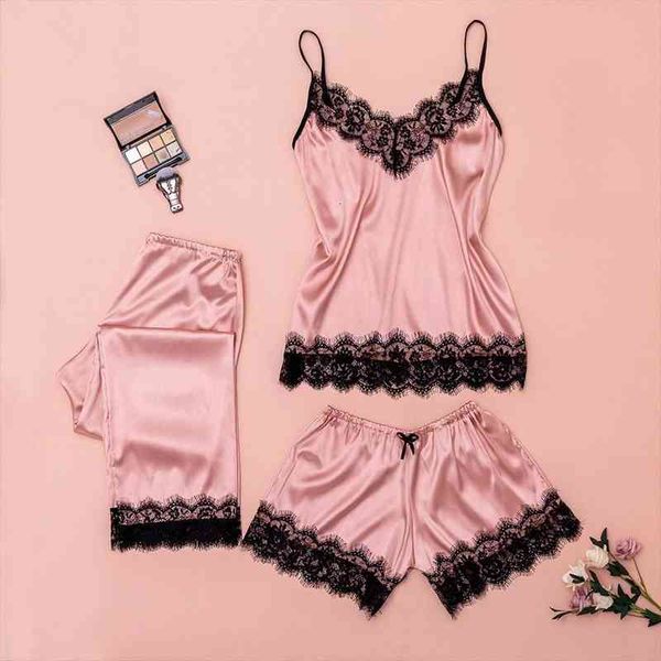

3pc pyjama sets for women lace satin sleepwear lingerie camisole bow trousers casual sleepwear pajamas nuisette femme, Black;red