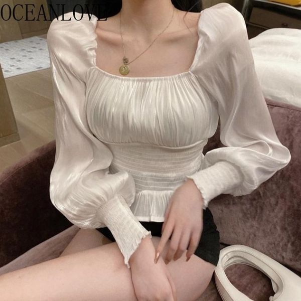 

oceanlove solid long sleeve spring autumn women blouses square neck elegant fashon blusas short shirts ladies 17223 210317, White