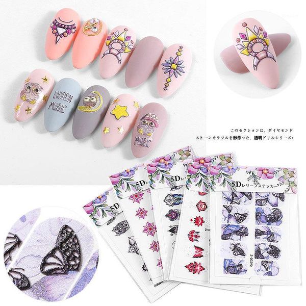 

1set 2021 5d 3d embossed nail art stickers decals geometric letters flower leaf tree green simple summer diy slider manicure1, Black