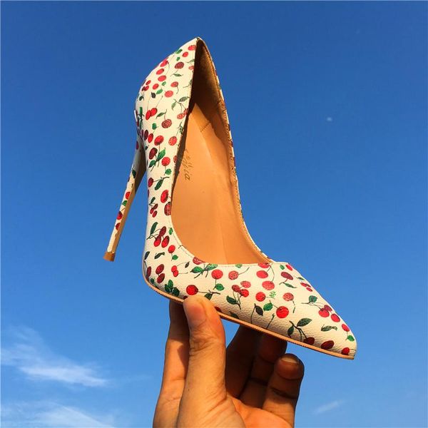 

fashion women pumps lady white cherry fairy printed pointy toe high heels shoes size33-43 12cm 10cm 8cm stiletto dress, Black