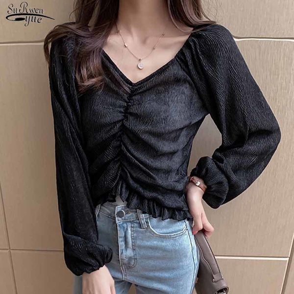 

v-neck folds ruffled solid black plus size long-sleeved blouses women autumn vintage gentlebottoming slim pullover shirt 11707 210508, White