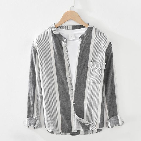 

men's casual shirts style long sleeve stand collar striped gray men comfortable brand linen shirt for chemise camisa mens, White;black