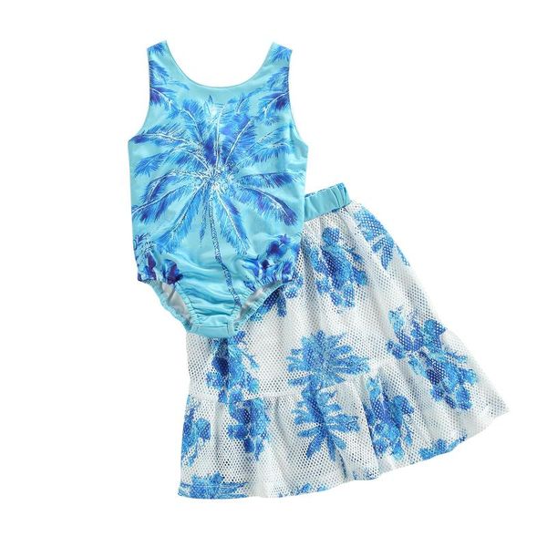 

coconut tree print sleeveless swimwear + hollow short skirt for girls clothing sets, White
