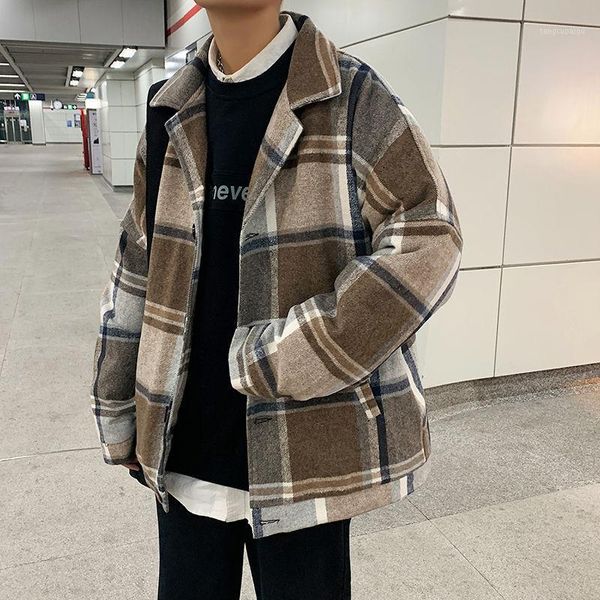 

men's wool & blends winter thick plaid woolen coat warmth fashion casual retro men loose korean short mens overcoat, Black