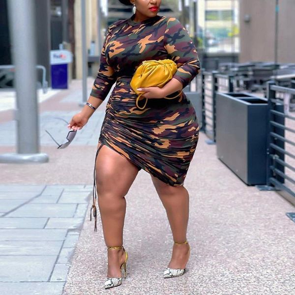 

casual dresses 4xl 5xl plus size camouflage print for womens bodycon tight drawstring mid calf elegant evening night african dress, Black;gray
