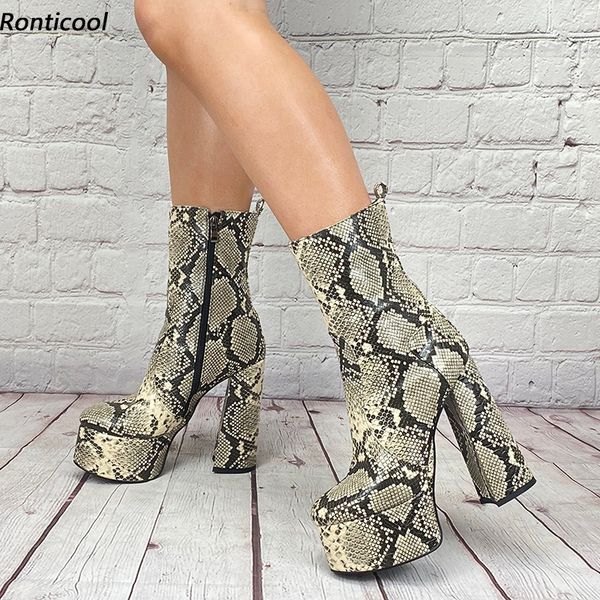 

rontic handmade women platform ankle boots snake block heels round toe boutique party shoes plus us size 4-10.5, Black