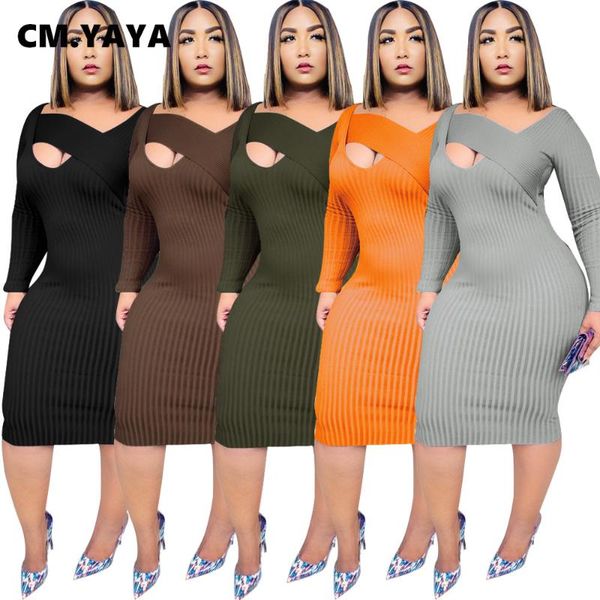 

cm.yaya women autumn ribbed splicing v-neck midi dress bodycon knitted bandage long sleeve dresses night club party vestidos casual, Black;gray
