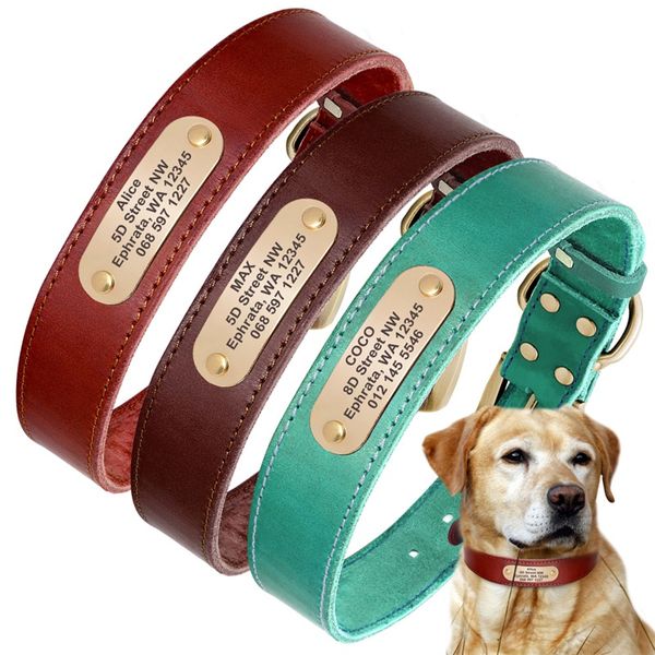 Colar de cachorro de couro real personalizado gola de identificação personalizada etiqueta gravada para pequenos cães grandes Pitbull Shepherd 20220112 Q2