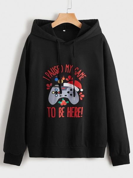 

men 1pc christmas print drawstring hoodie v6sa#, Black