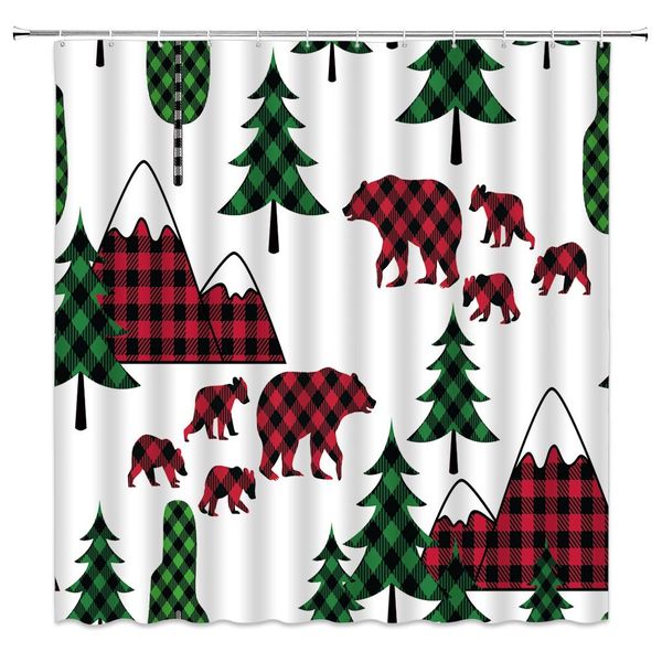 

rustic bear shower curtain, abstract buffalo plaid pine tree mountain cabin vintage creative hunting fabric bathroom decor sets