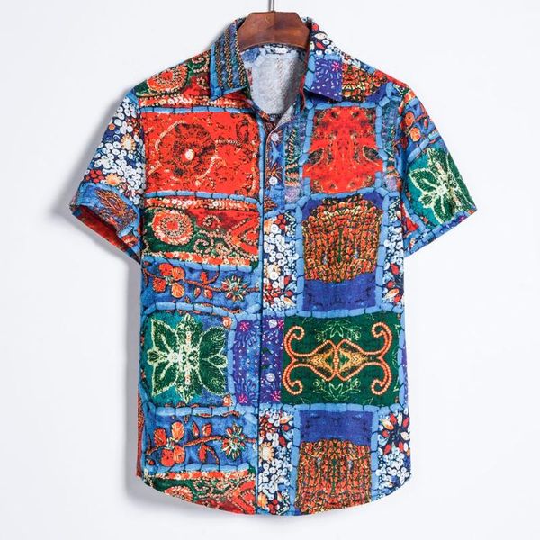 

summer men hawaiian shirts short sleeve beach floral printed blouse tee 2021 tropical cotton linen men's casual, White;black