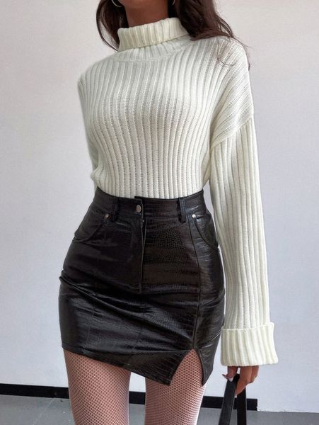 

turtleneck ribbed knit drop shoulder sweater s9q7#, White