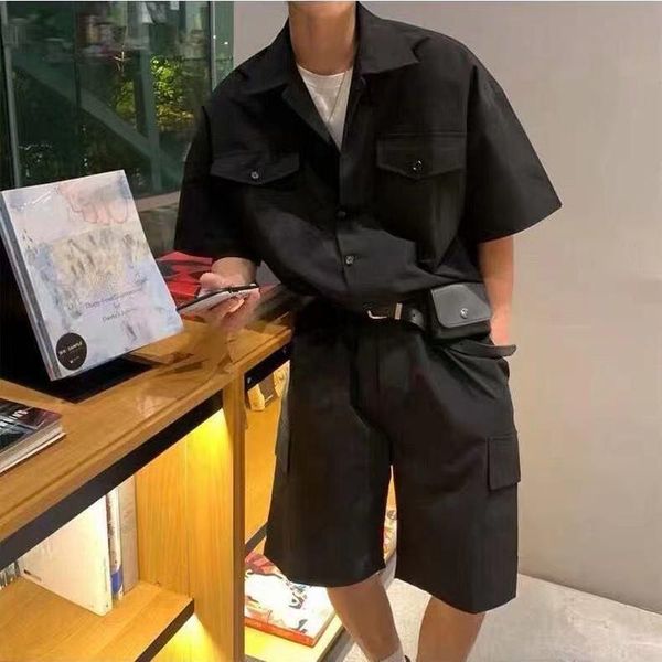

men's shorts male fashion with leather belt bag men cargo overalls streetwear korean rompers pockets short sleeve button jumpsuits wome, White;black